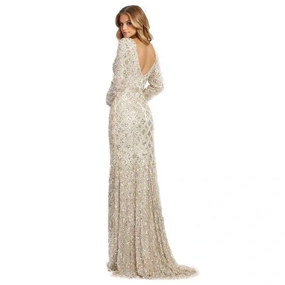 MacDuggal Lattice Sequin Long-Sleeve Gown nude sparkles size 4 - Picture 2 of 14